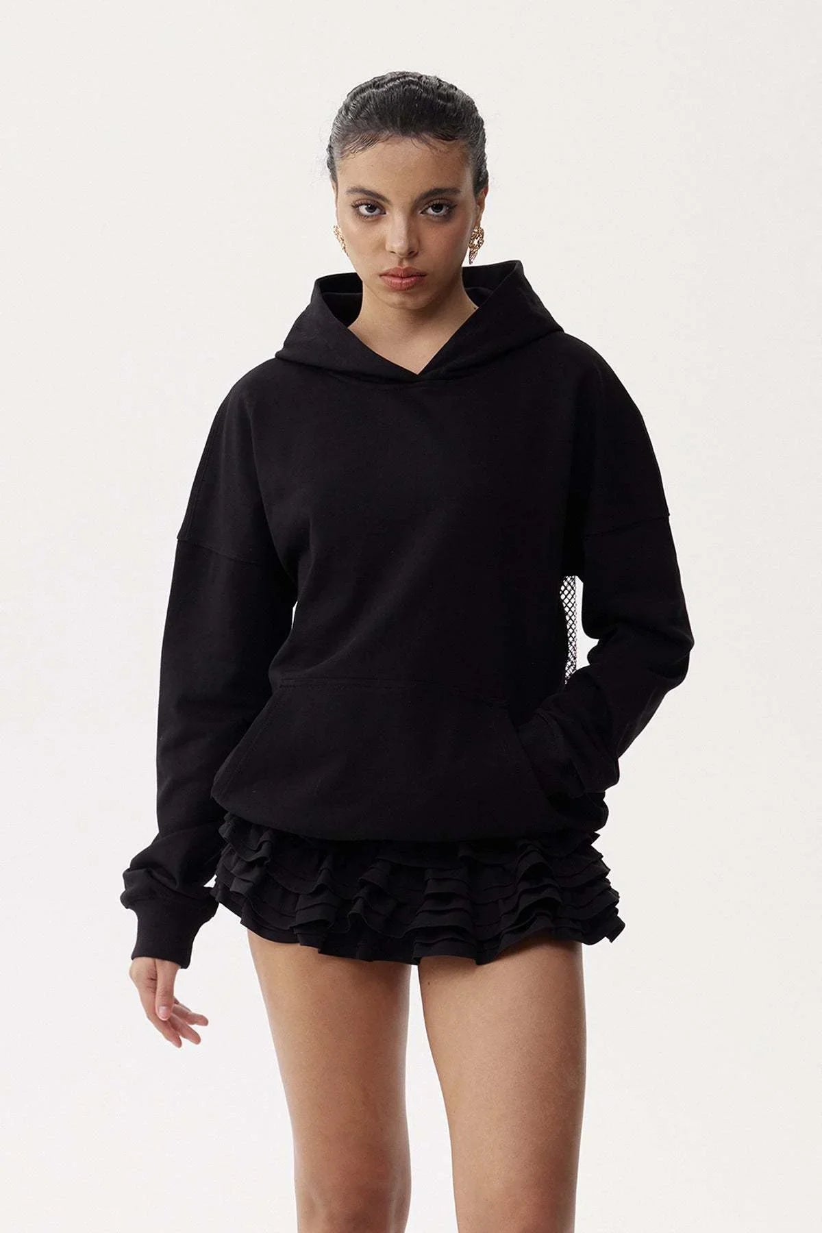Black Rhinestone Mesh Panel Oversized Hoodie.