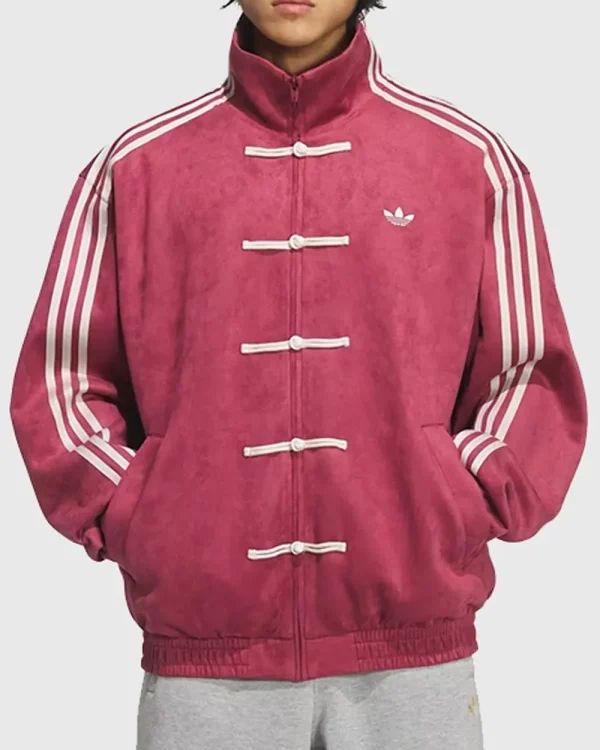 Retro Chinese Knot Track CNY maroon Jacket – Vintage Streetwear Zip-Up in Burgundy Red.