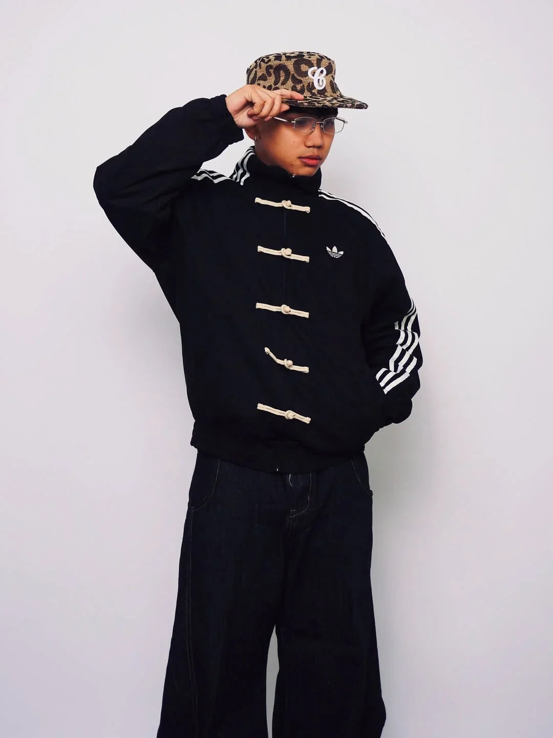 Originals Black Mandarin Collar Frog Button Three-Stripes Track CNY Jacket.