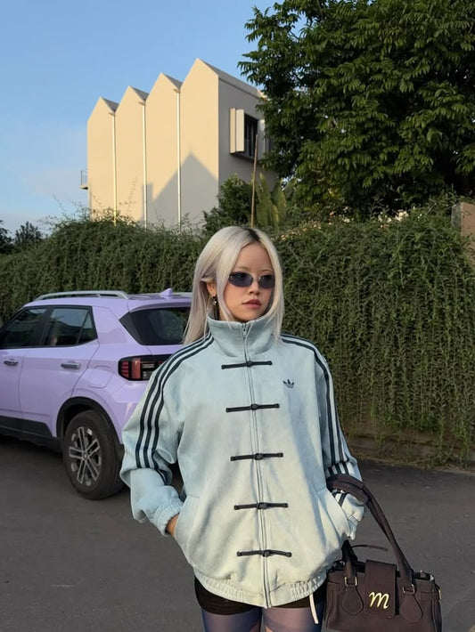 Aqua Blue CNY Mandarin Collar Frog Button Oversized Track Jacket – Xapparel