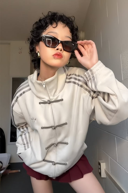 Originals Cream Mandarin Collar Frog Button Oversized Three-Stripes Track  CNY Jacket.
