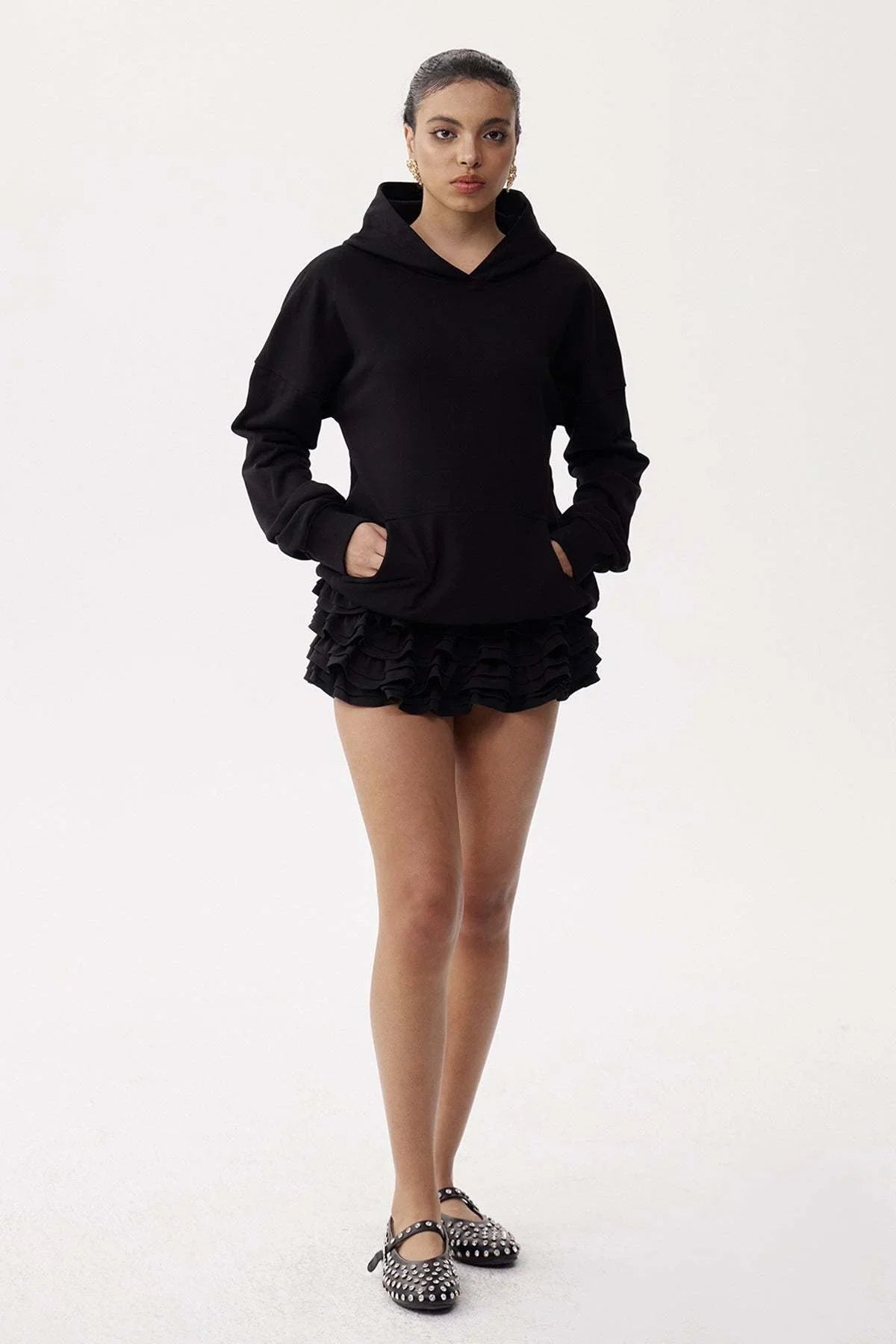 Black Rhinestone Mesh Panel Oversized  Hoodie.