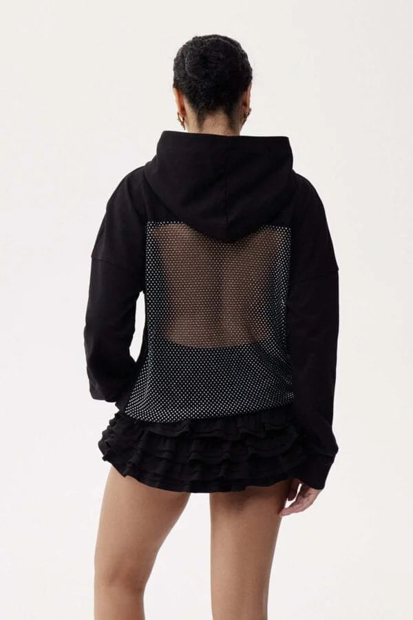 Black Rhinestone Mesh Panel Oversized  Hoodie.