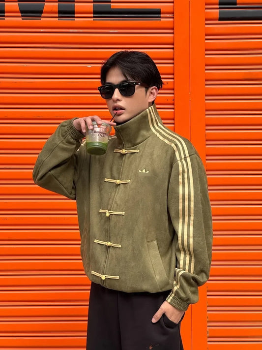 Originals Olive Green Mandarin Collar Frog Button Velvet Three-Stripes Track  CNY Jacket