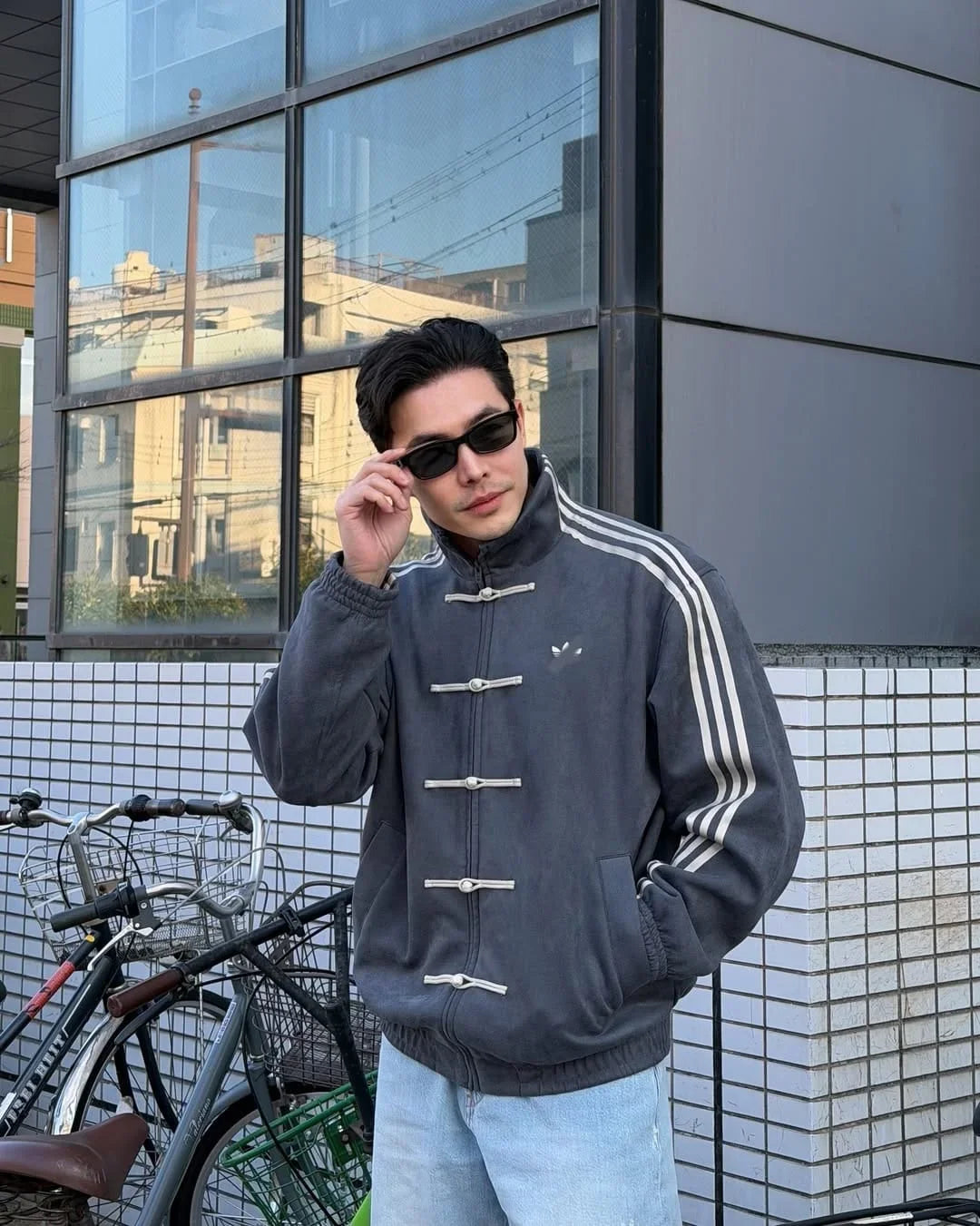 Originals Grey Mandarin Collar Frog Button Oversized Three-Stripes Track CNY Jacket