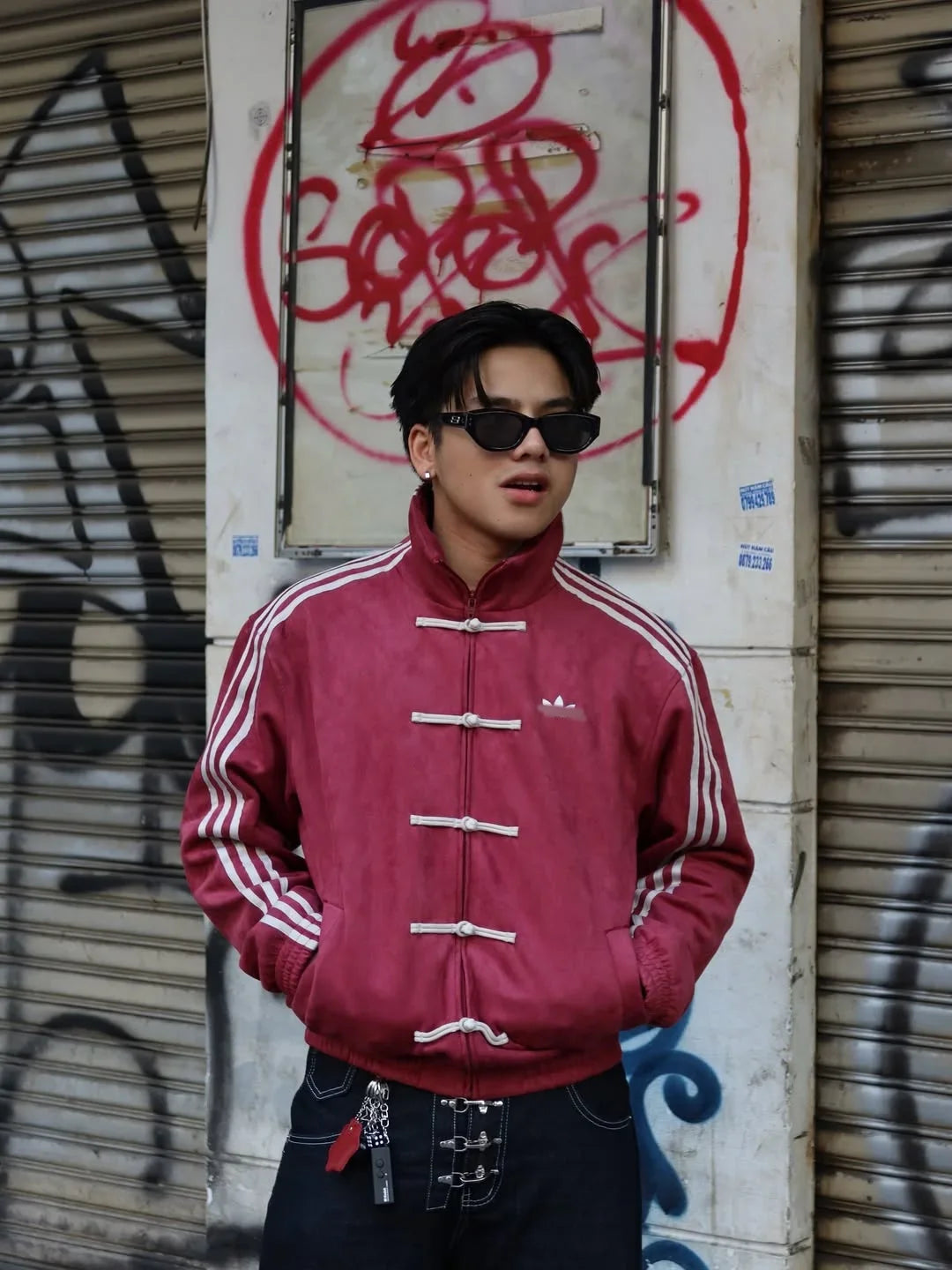 Retro Chinese Knot Track CNY maroon  Jacket – Vintage Streetwear Zip-Up in Burgundy Red.