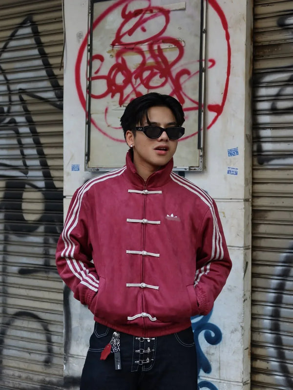 Retro Chinese Knot Track CNY maroon  Jacket – Vintage Streetwear Zip-Up in Burgundy Red.