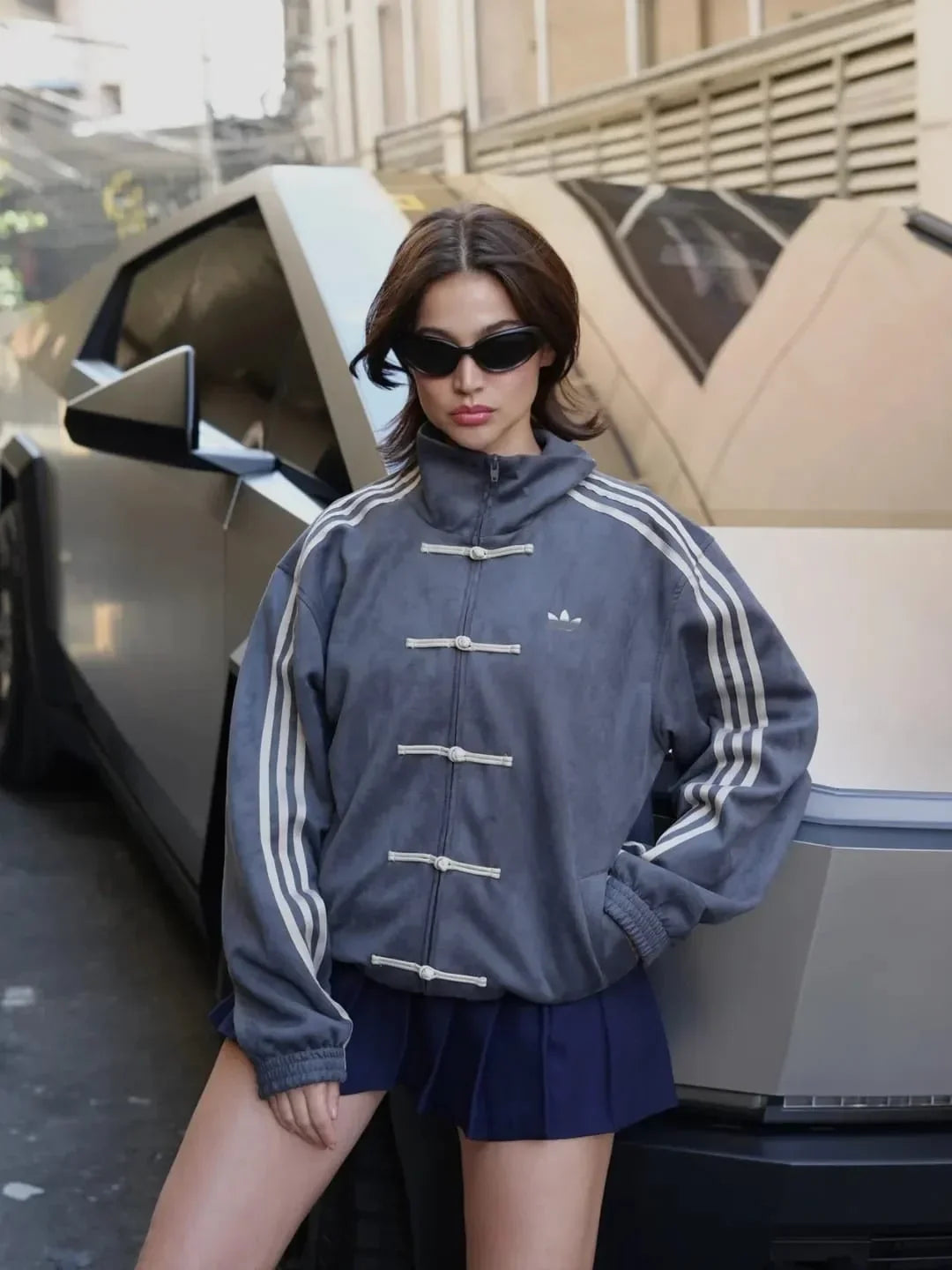Originals Grey Mandarin Collar Frog Button Oversized Three-Stripes Track CNY Jacket