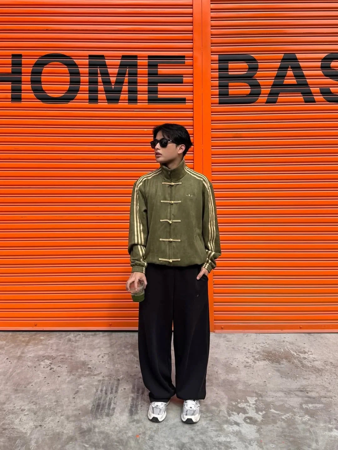 Originals Olive Green Mandarin Collar Frog Button Velvet Three-Stripes Track  CNY Jacket