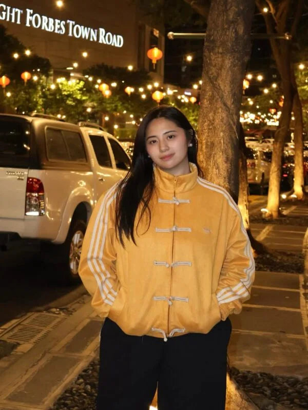 Vintage Chinese Frog Button Track CNY yellow Jacket – Retro Mustard Yellow Streetwear.