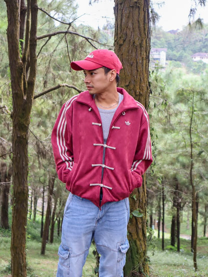 Adidas Chinese Knot Velvet Track Jacket – maroon Retro Streetwear Zip-Up