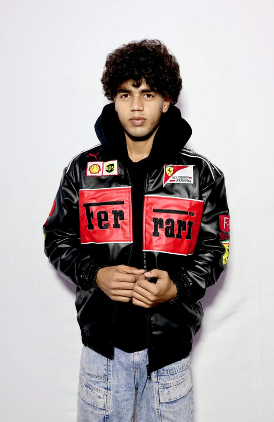 Ferrari F1 Team Inspired Leather Jacket – Embroidered Racing Streetwear Coat