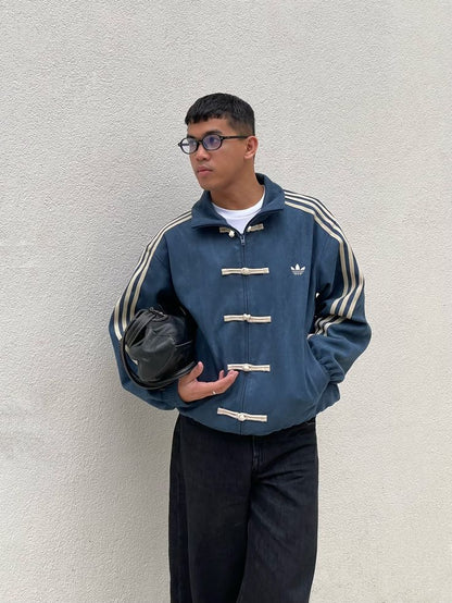 Originals Mandarin Collar Chinese Frog Button Three-Stripes Track CNY Jacket in Blue.