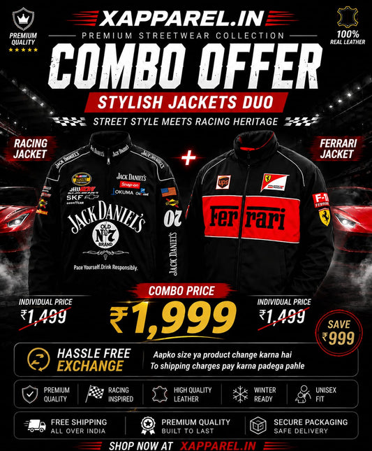 xapparel premium racing+black ferrari jacket  & jack daniel"s printed Zip-Up jacket  combo offer