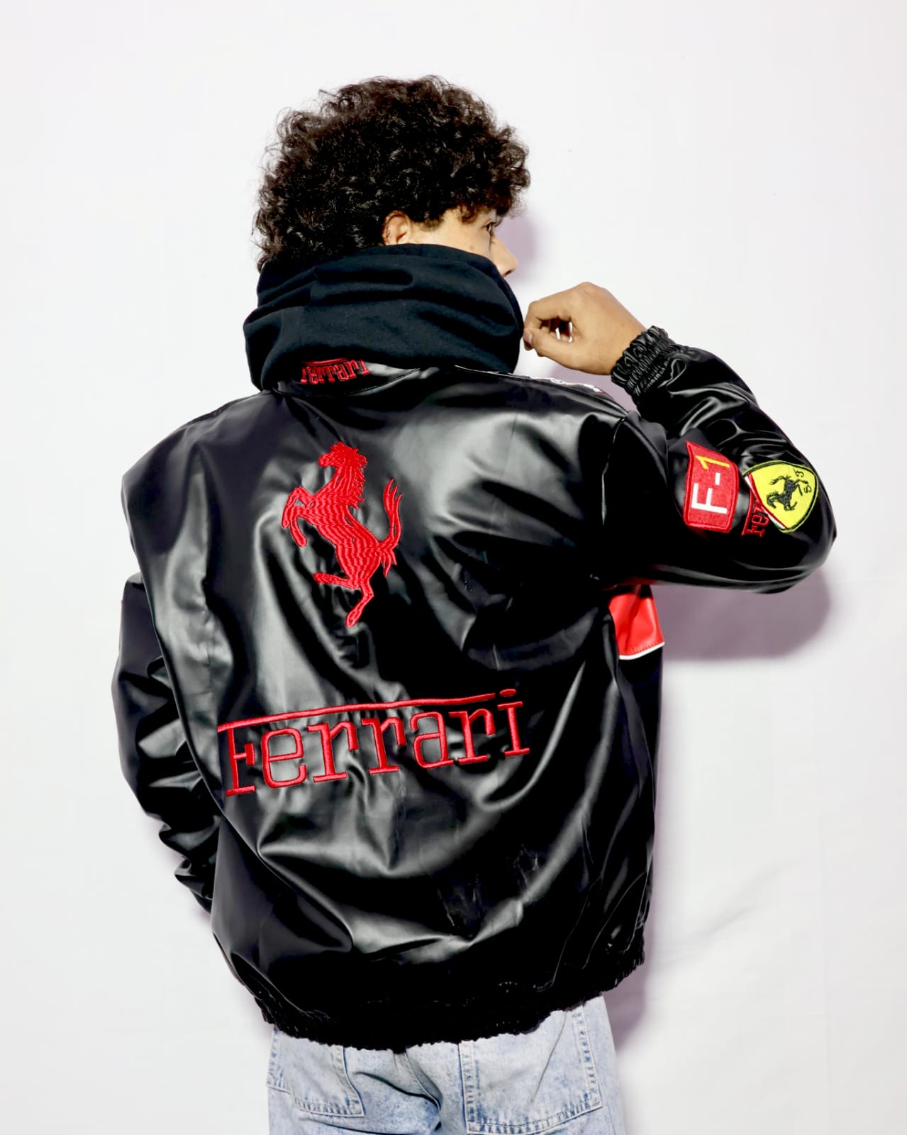 Ferrari F1 Team Inspired Leather Jacket – Embroidered Racing Streetwear Coat