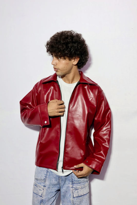 Premium Red Faux Leather Jacket – Minimalist Streetwear Oversized Coat
