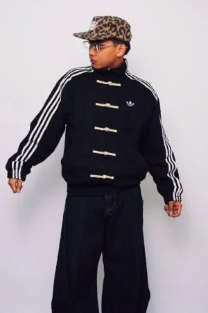 Originals Black Mandarin Collar Frog Button Three-Stripes Track CNY Jacket.