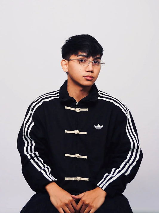 Originals Black Mandarin Collar Frog Button Three-Stripes Track CNY Jacket.