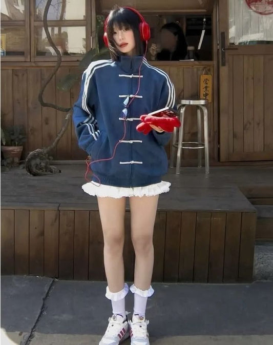 Adidas Chinese Knot Velvet Track Jacket – Blue Retro Streetwear Zip-Up